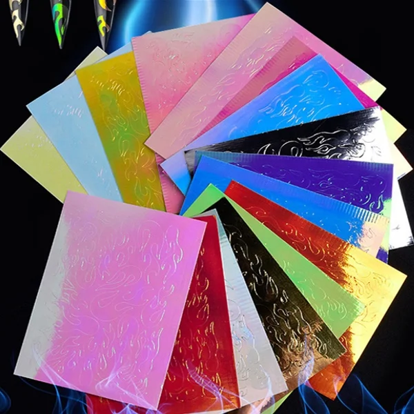 hot sale adhesive Laser Holographic Fire Flame Finger Nail Art Sticker for Nail Decorations 18pcs/set