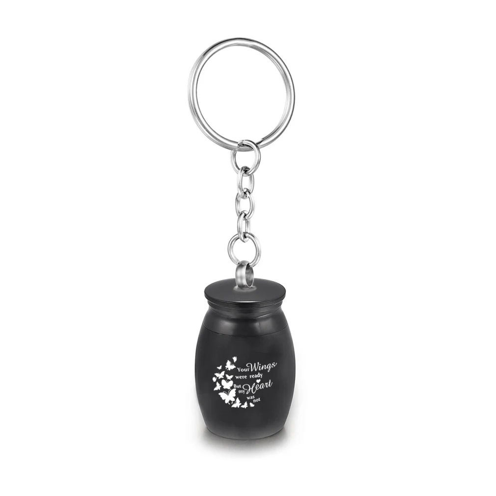 
16x25mm Mini Cremation Ashes Urn Keychain Aluminum Alloy Memorial Urns Engraved With Butterflies Keepsake Funeral Jar 