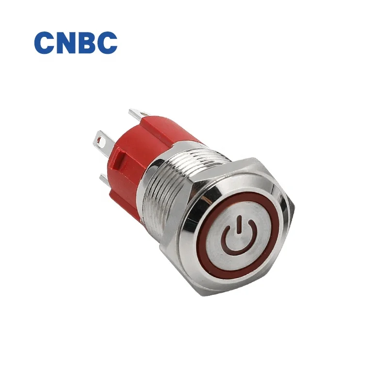 High Current 10A 16mm IP67 waterproof momentary self-locking 1NO led stainless steel metal push button switch with power symbol
