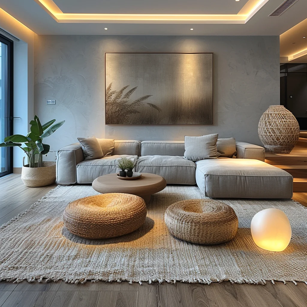 2024 AI Creative Concept Design Minimalist Small Living Room Space Design Beige Design High Quality Texture 3D Rendering Service