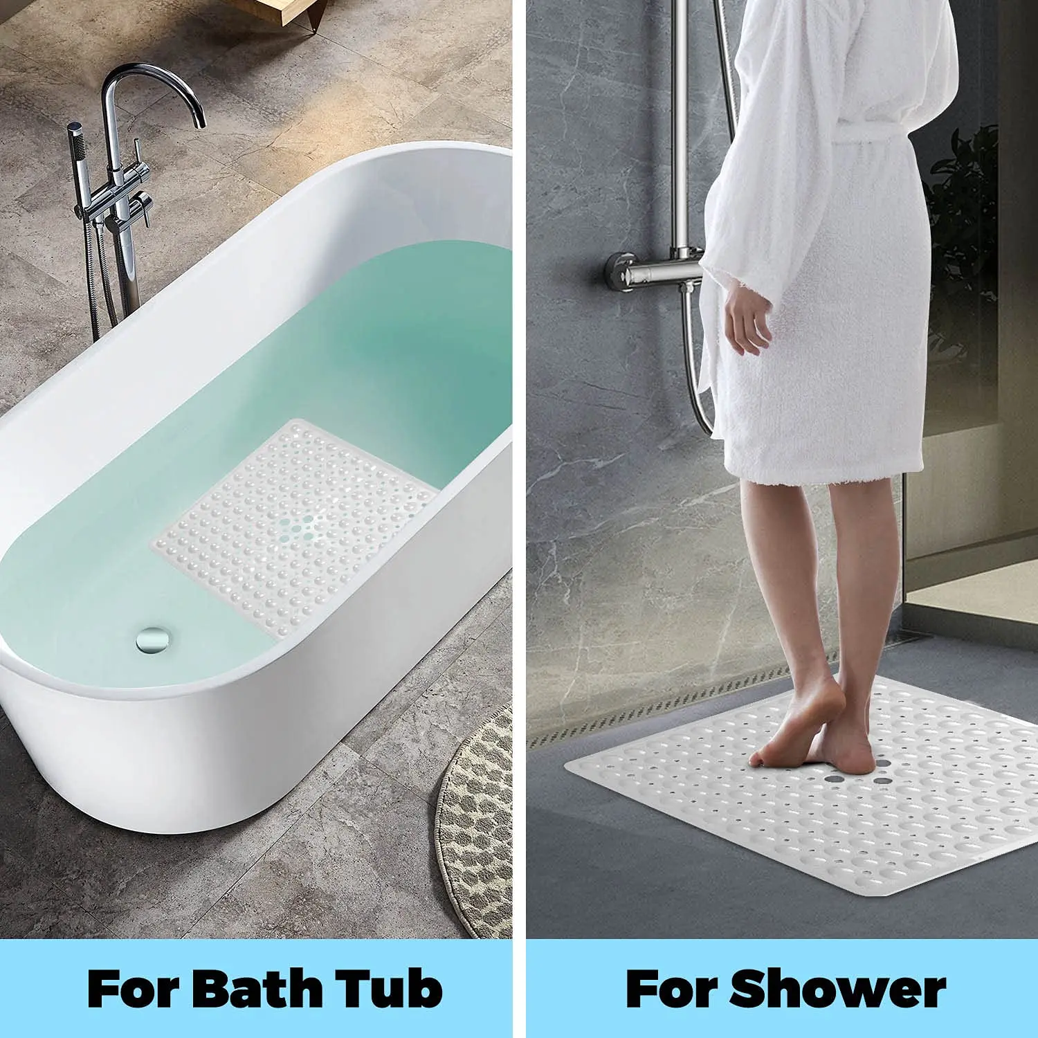 Clear Square Non Slip PVC Bath Mat 21 x 21 in for Bathroom Floor with Strong Suction Stable Anti Slip Bathtub Shower  Mat