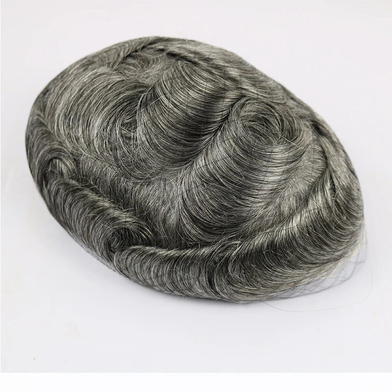 Invisible Pu Poly Base 0.02mm Super Thin Skin  V Loop Men Human Hair Pieces Toupee with Gray Hair