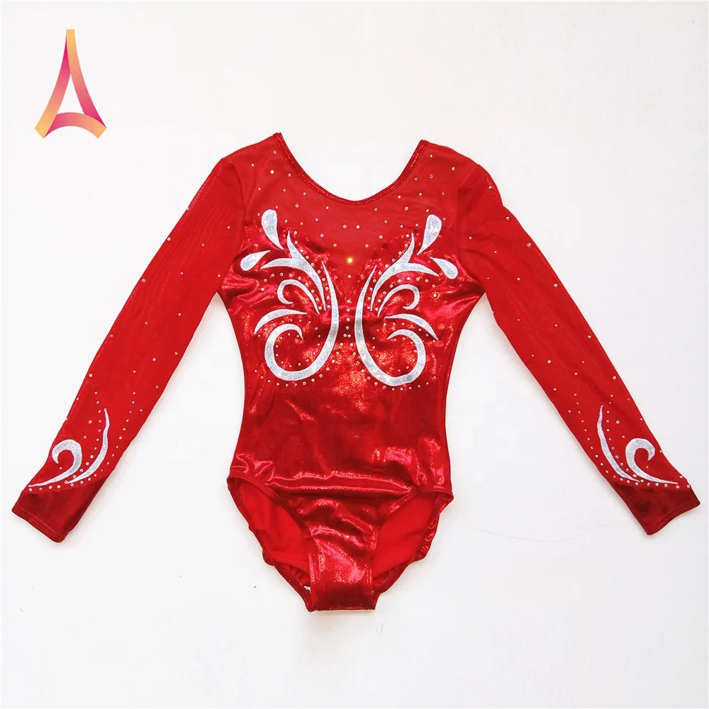 Fancy Long Sleeve Gymnastics Leotard Red Girls Leotard