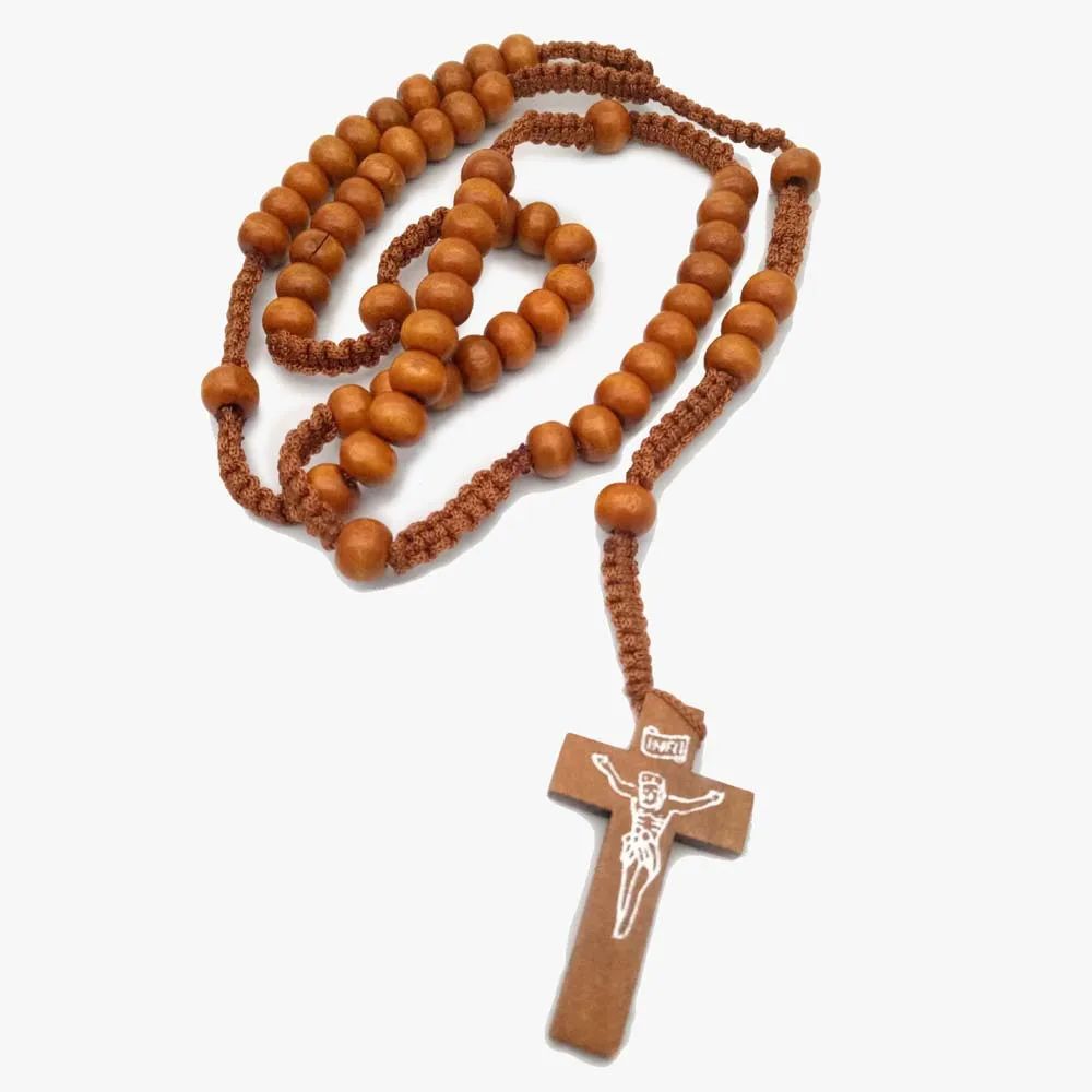2023 XIMAI Wholesales Religious Catholic Wood Beads Handmade Jesus Cross Pendant Charm Rosary Necklace