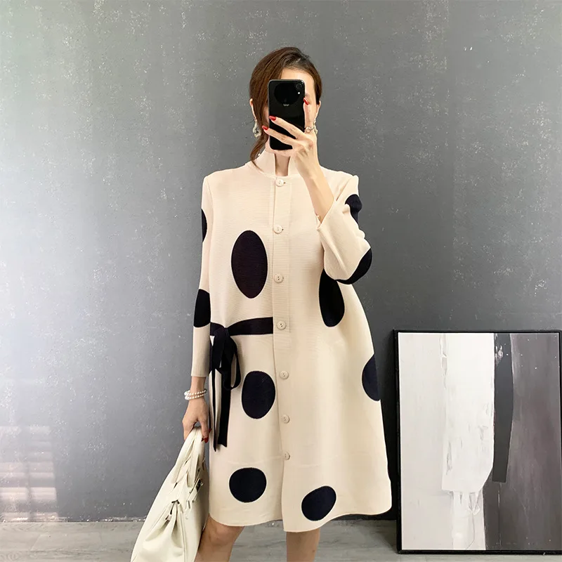 FXZ Fall 2021 new design miyake pleated wave dot coat belted breasted cropped sleeves pleats women cardigan