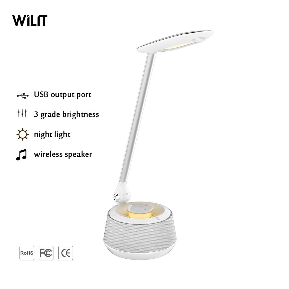 Современный дизайн Светодиодная настольная лампа с беспроводной динамик регулируемой яркостью USB зарядное устройство для