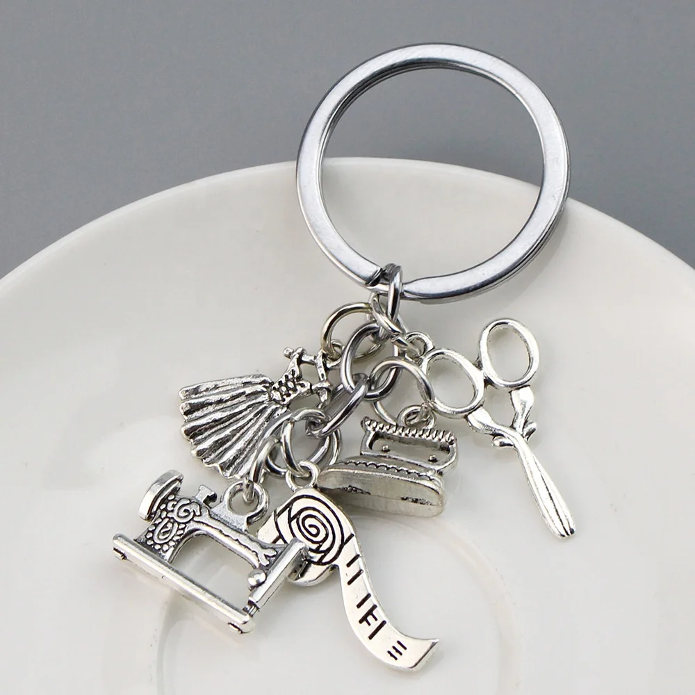 Hotsale DIY Jewelry Handmade sewing machine key chain Scissors Ruler Tailor Keyring Fashion Designer Small Tool metal Key chains