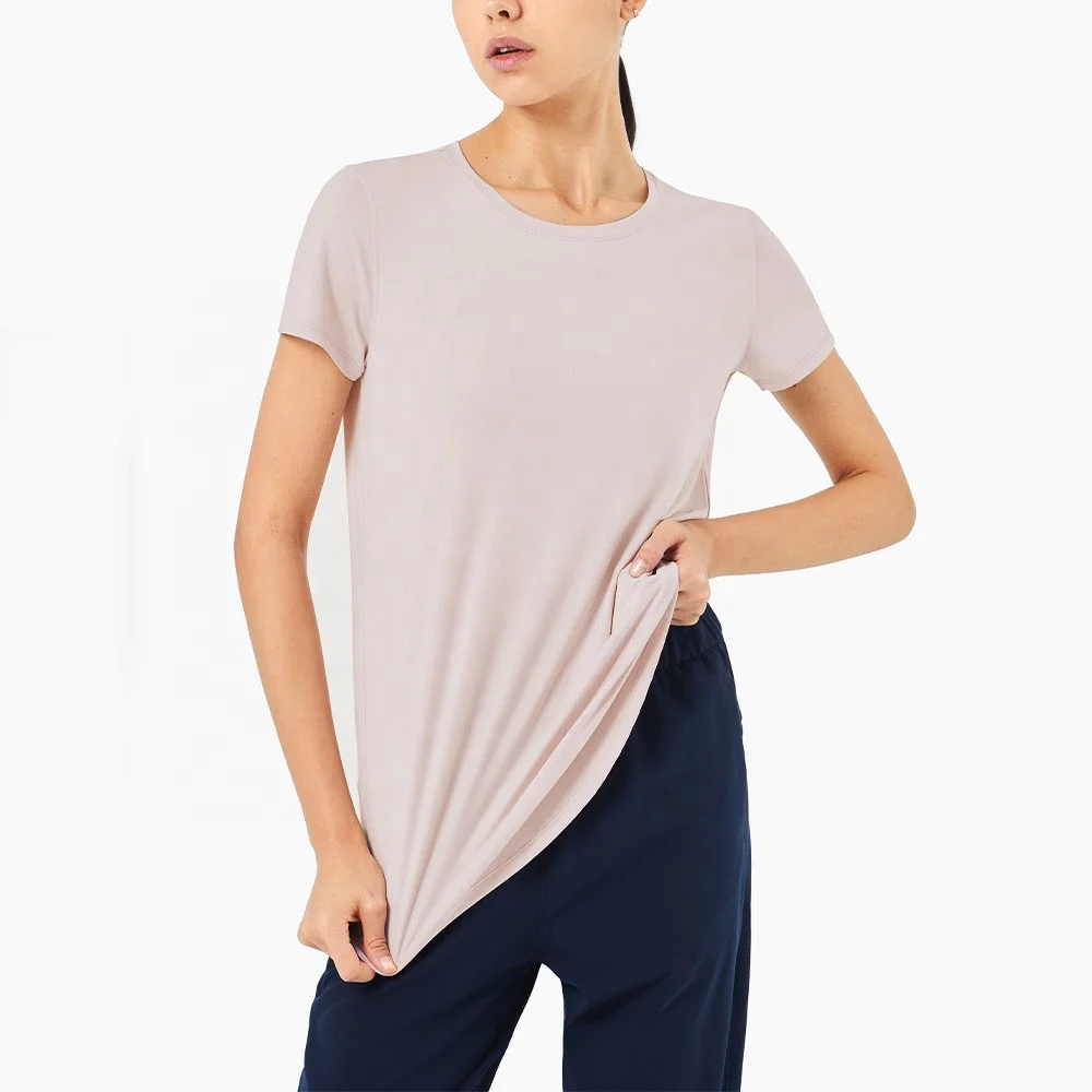 woman yoga gym loose t shirts round collar short sleeve top fitness sports high-elastic T-shirt curved hem
