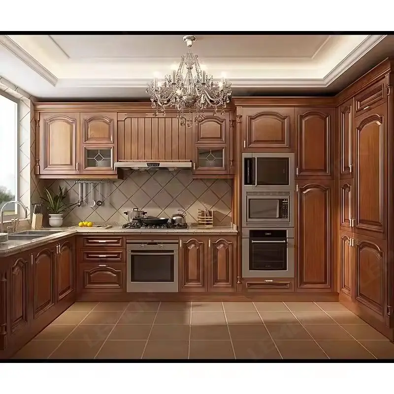 Custom Chinese New Kitchen Furniture Cabinet Walnut Wood Kitchen Cabinets for Sale