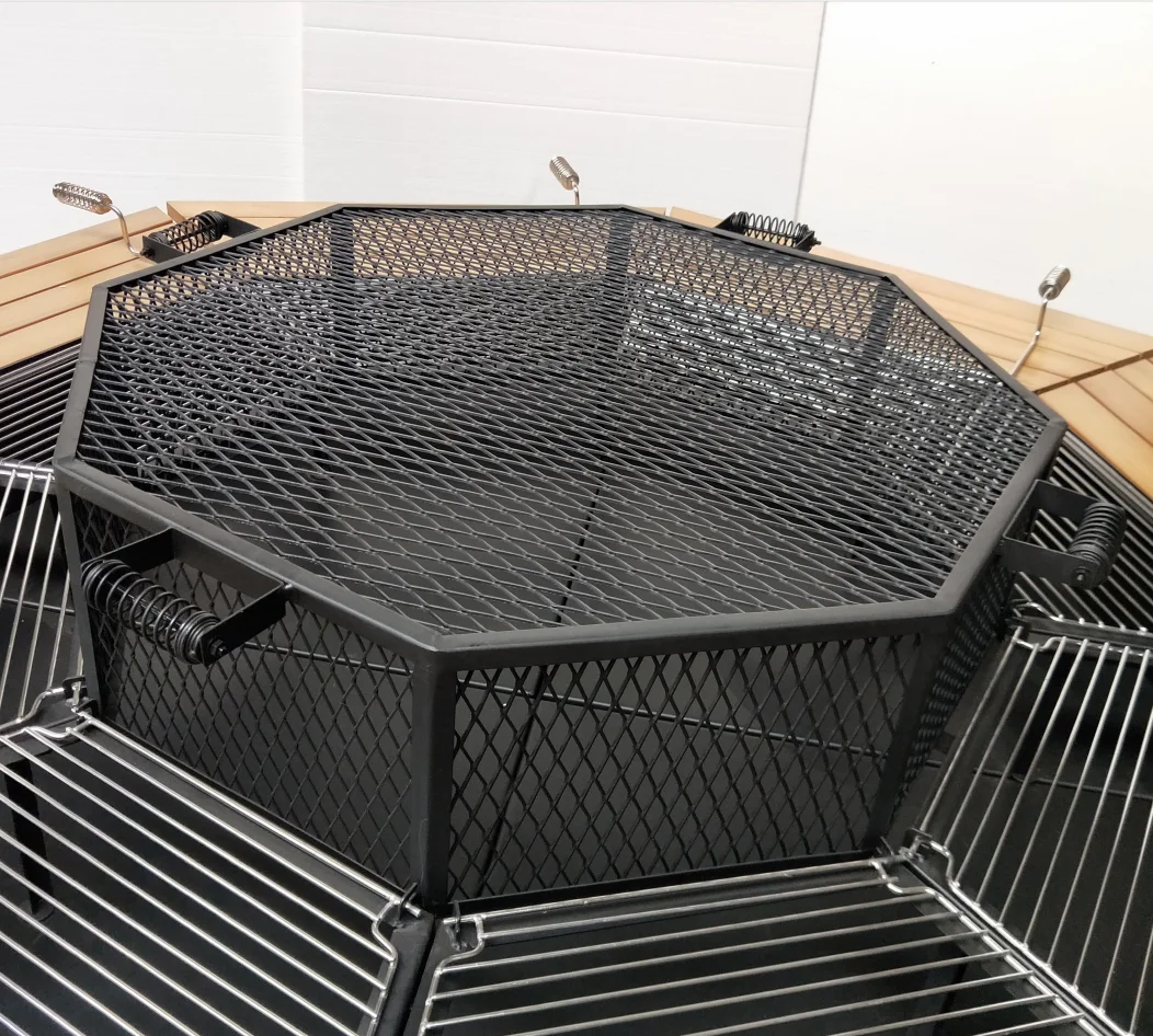 Outdoor 8 seat wooden fire pit table with BBQ grill