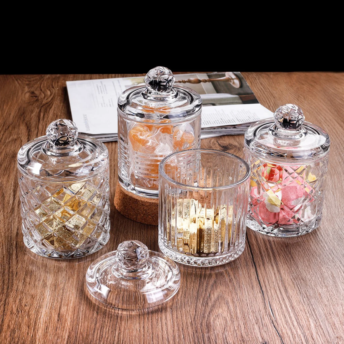 Stock clear engraved glass candy jar 3 layers stackable decorative glass food container with lid glass sugar bowl for cork nut
