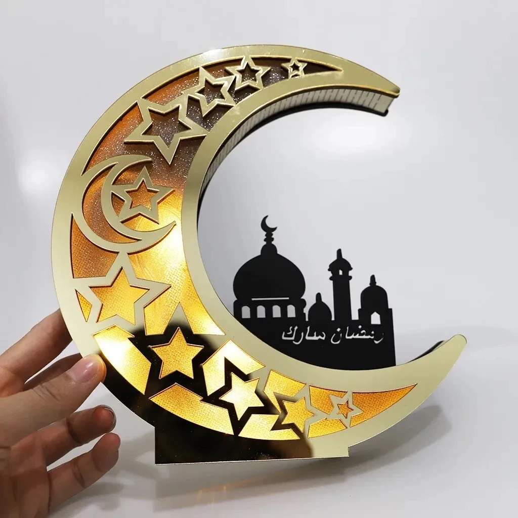 Wholesale Custom Acrylic and Wood LED Crescent Moon Design Gold Ramanda Table Decoration
