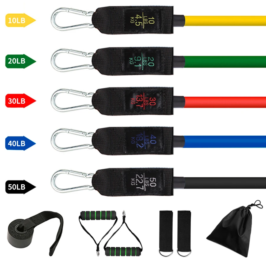 High Quality Gym  Exercise Workout Fitness Kits 11Pcs Latex Resistance Band Bands Set