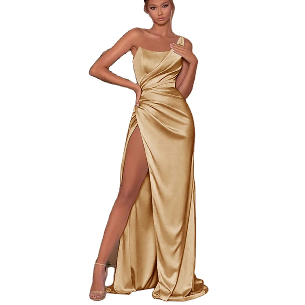 Summer spring women one-shoulder satin dress fishbone slit high waist long style sexy lady elegant europe party dress