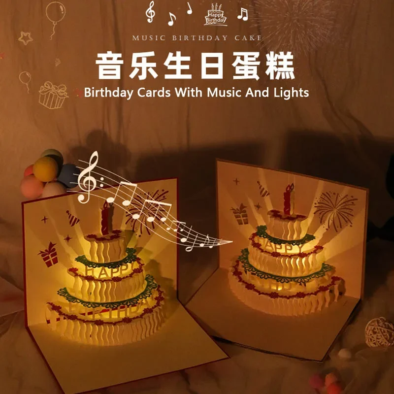 3D Pop Up LED Light Happy Birthday Anniversary Invitation Card with Music Laser Cut Luxury Greeting Paper Gift Card