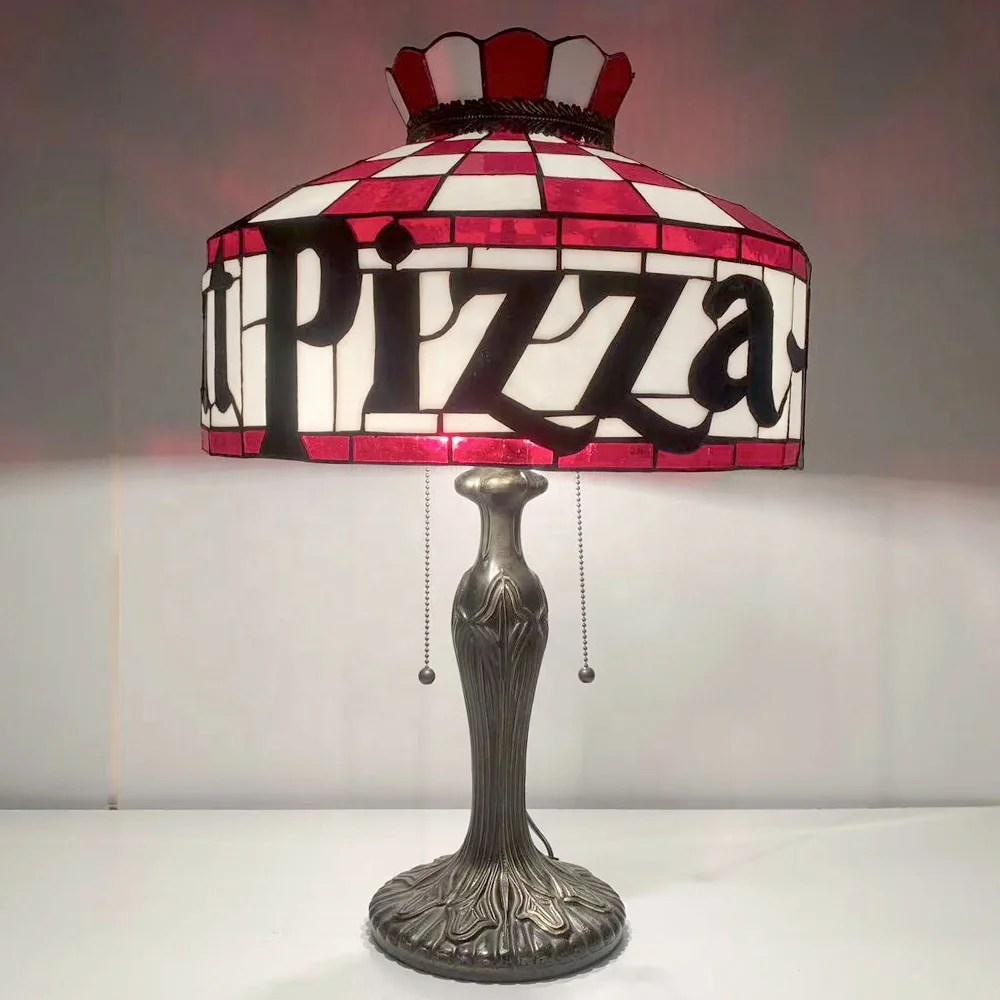LongHuiJing 16Inch Tiffany Table Lamps Handcrafted Stained Glass Pizza Lampshade Desk Lamp Antique Art Style Desk Lights