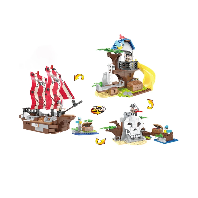 
3 in 1 Educational Development 260 pcs Pirate Boat Skull Castle Model 3D Building Block Toys for Kids 