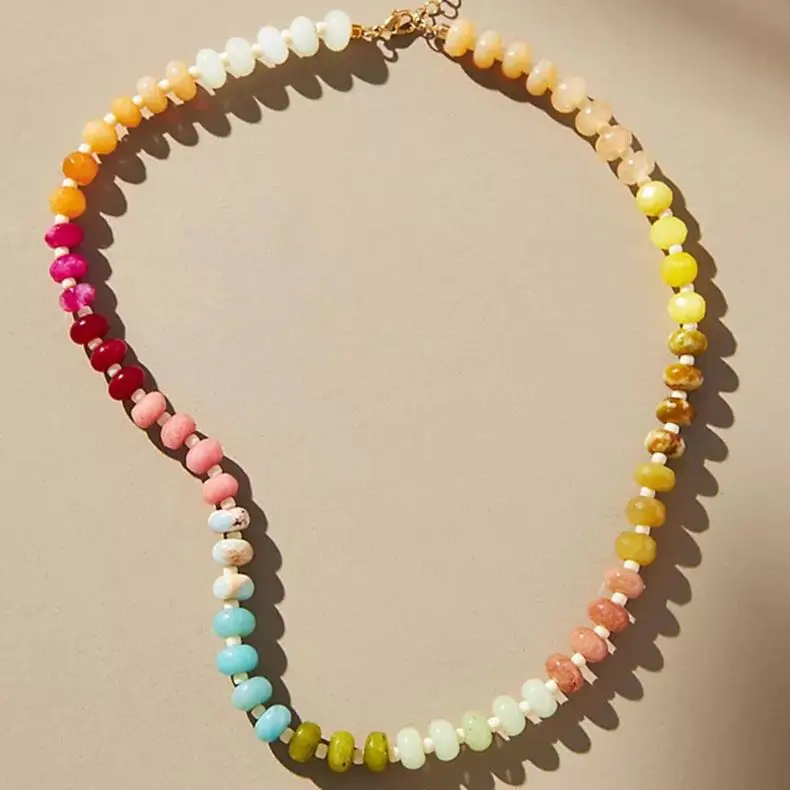 Zooying Boho Rainbow Charm Summer  Beach Handmade Necklaces Jewelry Gifts Natural Stone Beaded Necklace for Women
