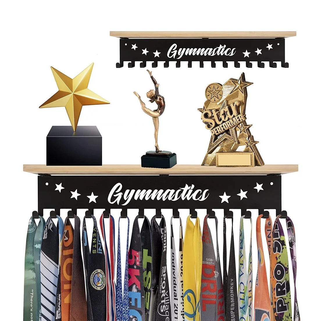 Gymnastics Trophy and Medal Display Shelf with 15 Hooks Sturdy Medal Awards Display Shelf