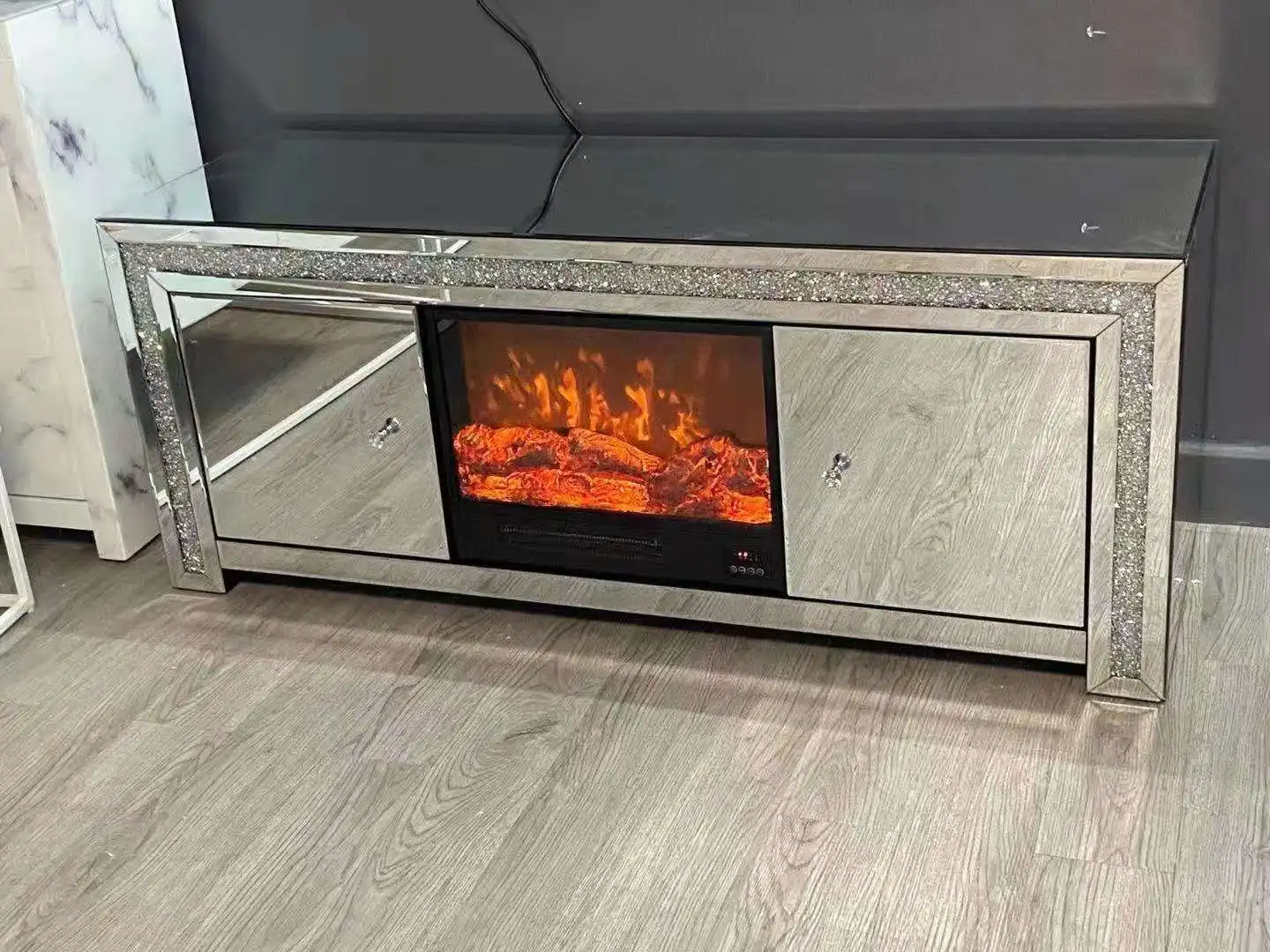 New Mirror Silver Mirrored Electric Fireplace Media Console TV Stand