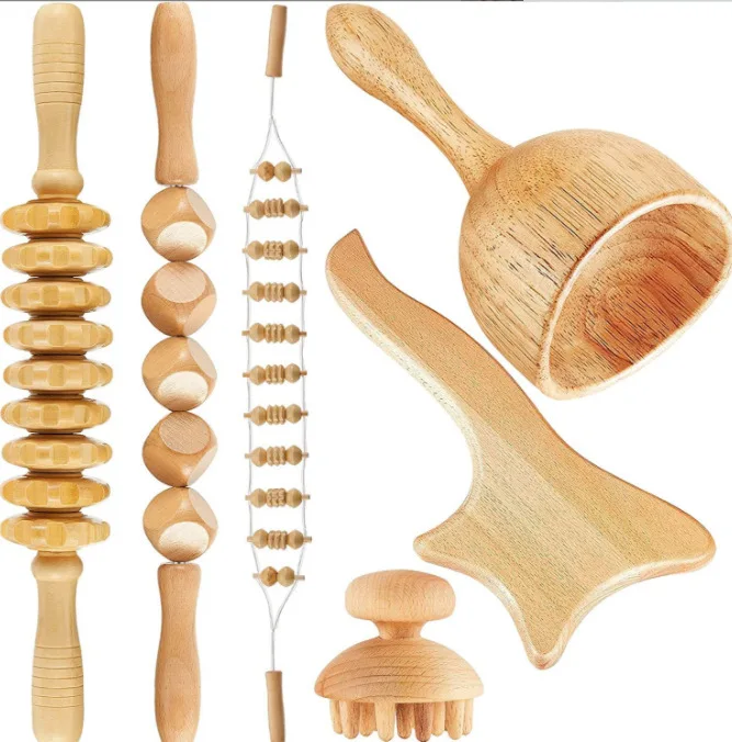 Factory Wholesale Anti Cellulite Lymphatic Drainage Curved Wooden Massage Tools Cup Roller Set Wood Back Roller Rope Massager