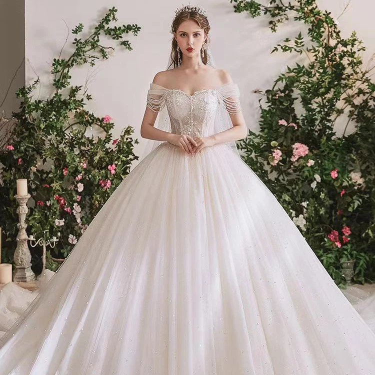 2021 Ball Gown Lace Dress White Wedding Dresses Bridal Gowns Shoulder Long Sleeve Vintage Women Fashion Quantity Element XXL Key