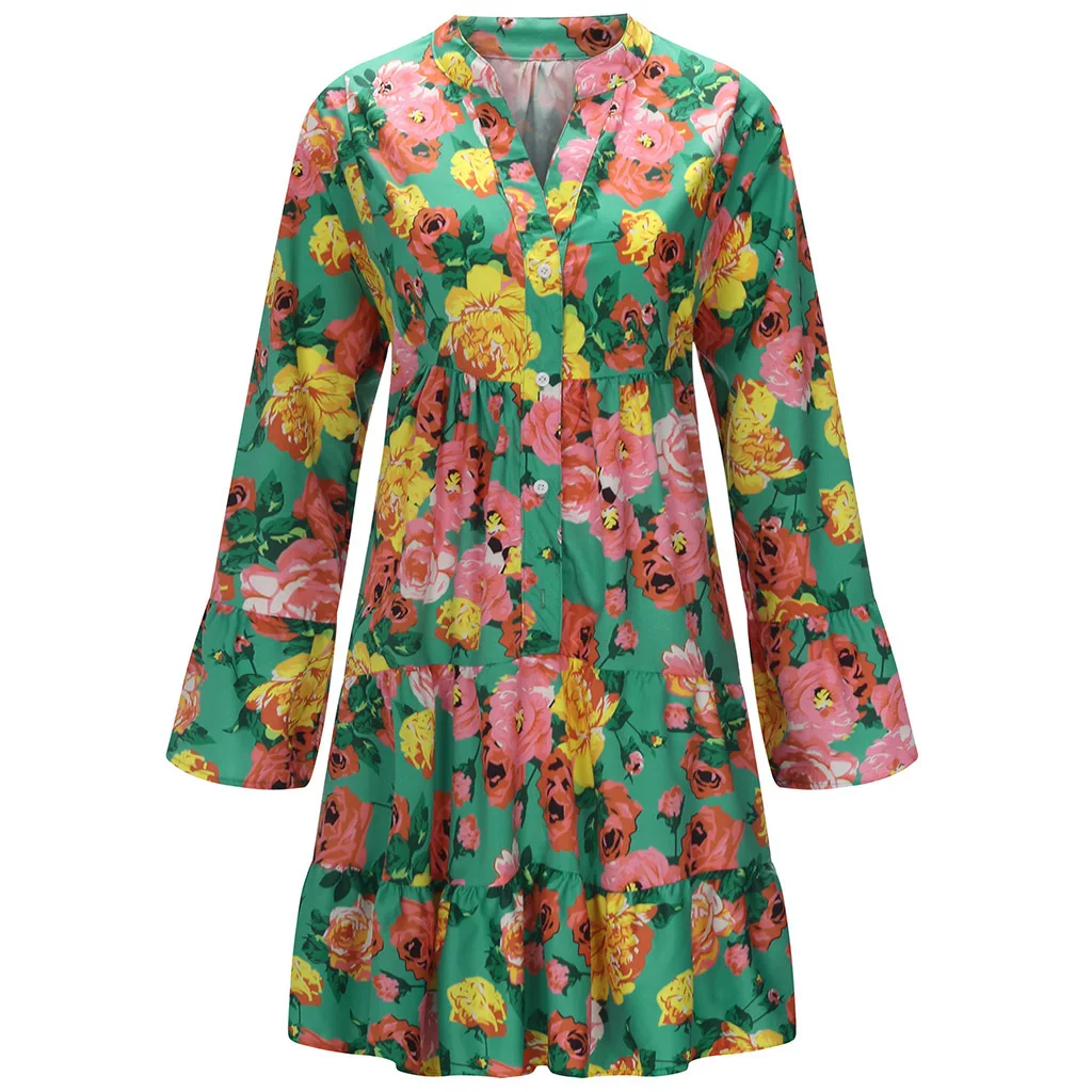 5XL Summer Boho Long Sleeve Maxi Shirts Dress Flower Floral Print Beach Dresses Loose Mini Party Tropical Tunic Dress Women