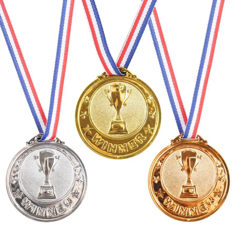 Gold Medals Sports Game Kids Winner Awards With Ribbon Necklace Plastic Trophy Crown Children Events Classroom 1st 2nd 3rd Place