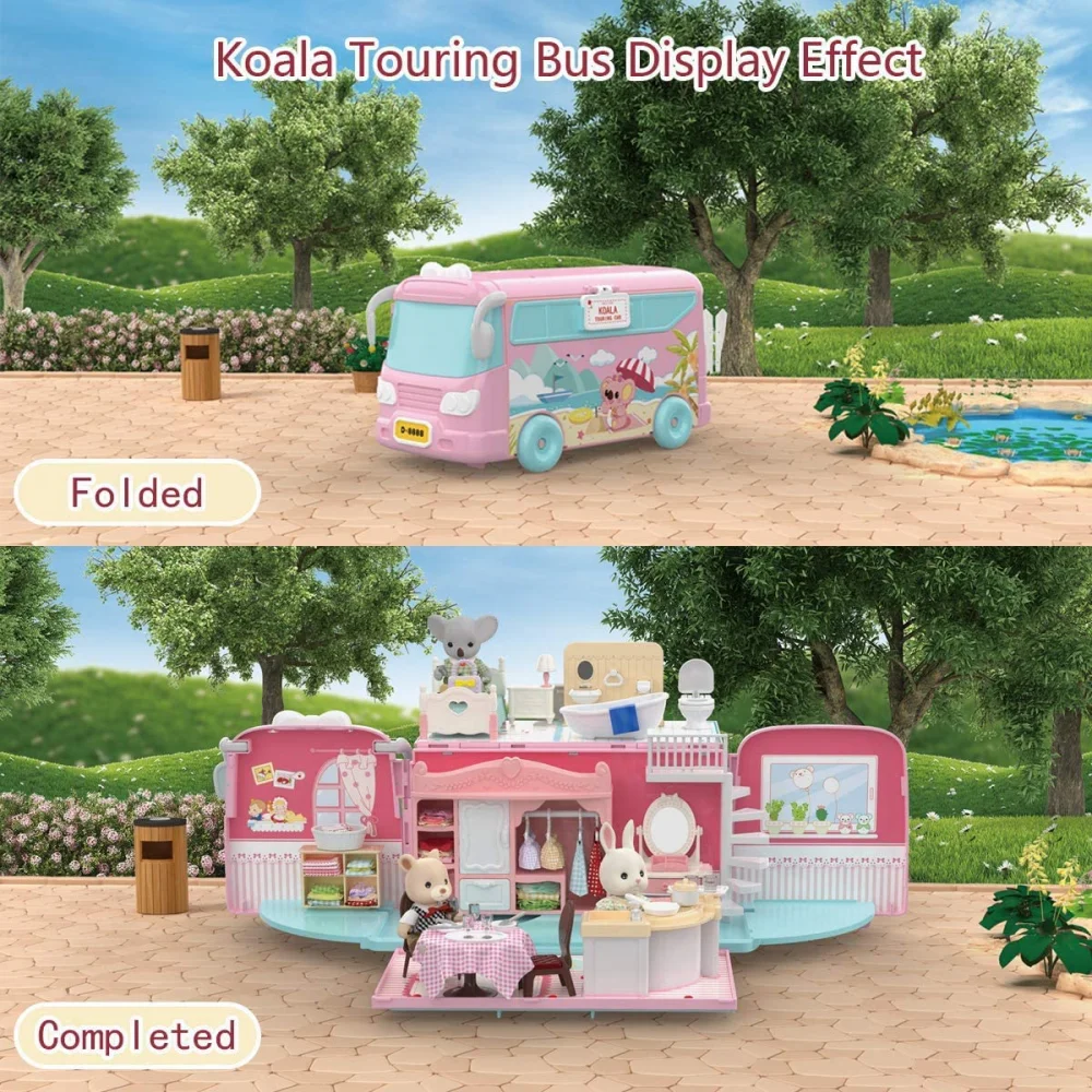 Educational children plastic play house toys set DIY touring bus furniture toys mini Pink Princess RV house toys for girls