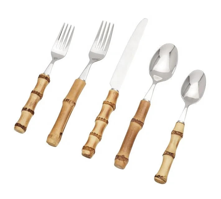 Natural Bamboo Flatware Wood Handle cutlery set stainless steel 304 mirror polish luxury real bambu silverware set