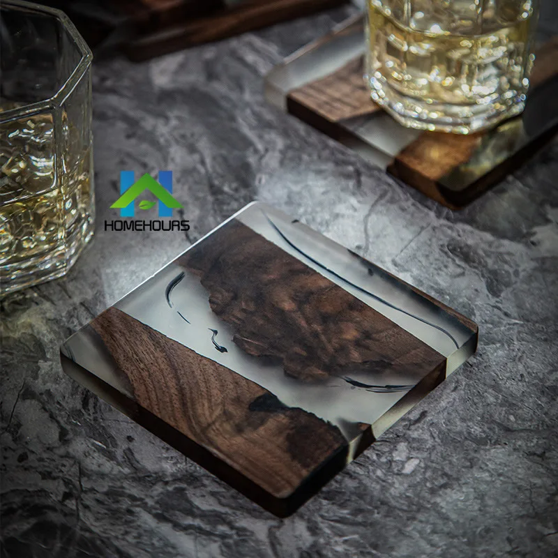 NEW square black clear epoxy resin walnut wooden coaster resin coaster for cup