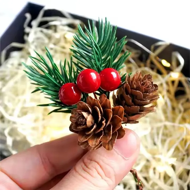 YUWEI Red Berry Pinecones Pine Needles Stems Artificial Winter Christmas Berries Picks Decor For Christmas