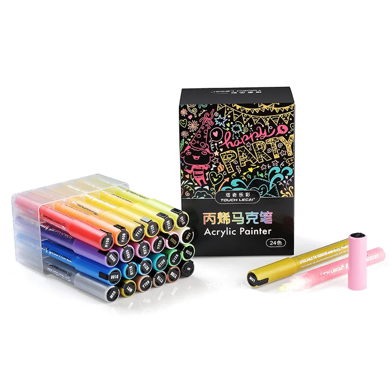 Supplies Stationery Wholesale  Black White Acrylic Paint Markers 5mm Fine Nib of 24 Colors Acrylic Paint Pens For Rock Painting
