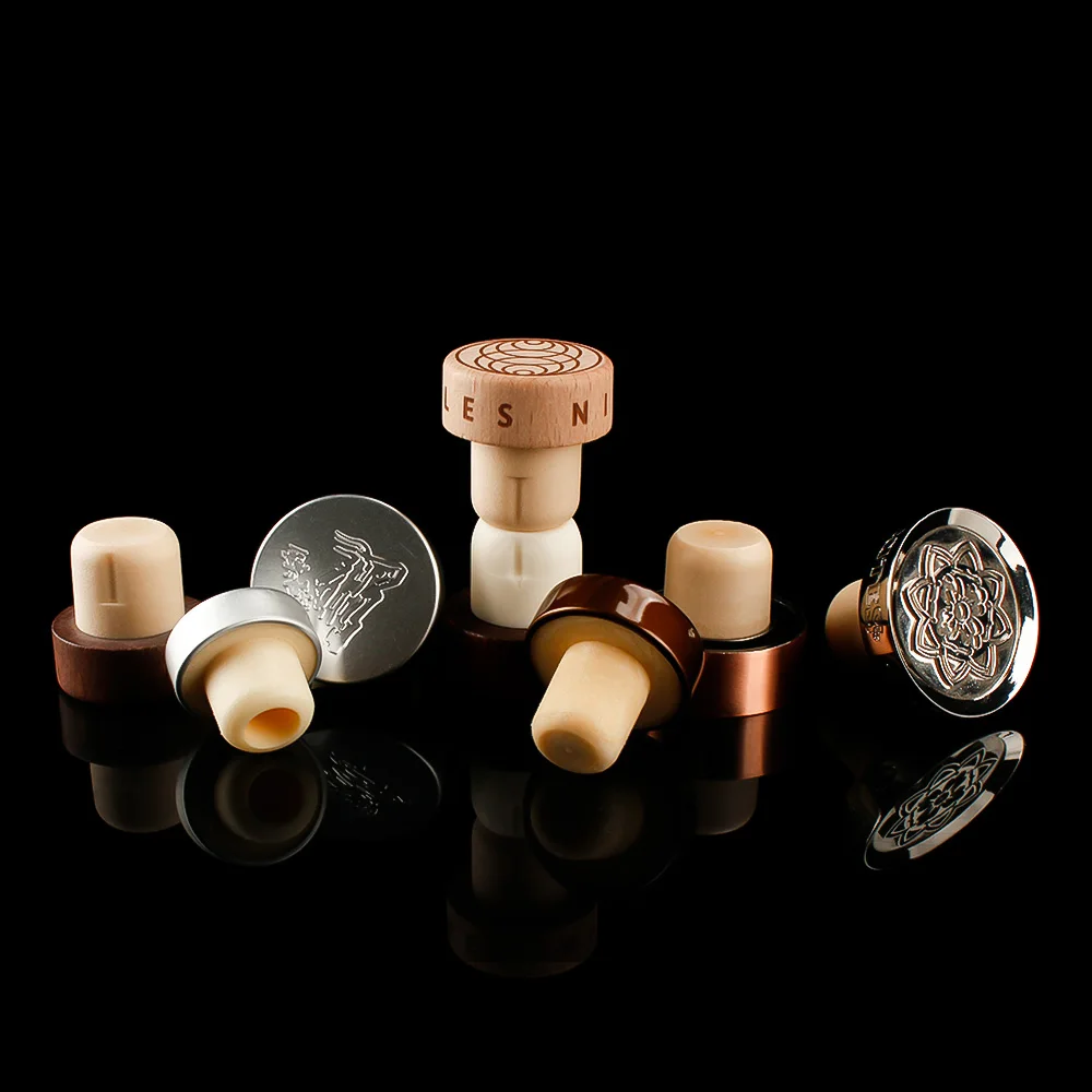 Customized luxury zinc alloy engraved top T shape alcohol tequila vodka gin synthetic bar top stopper liquor bottle cork cap