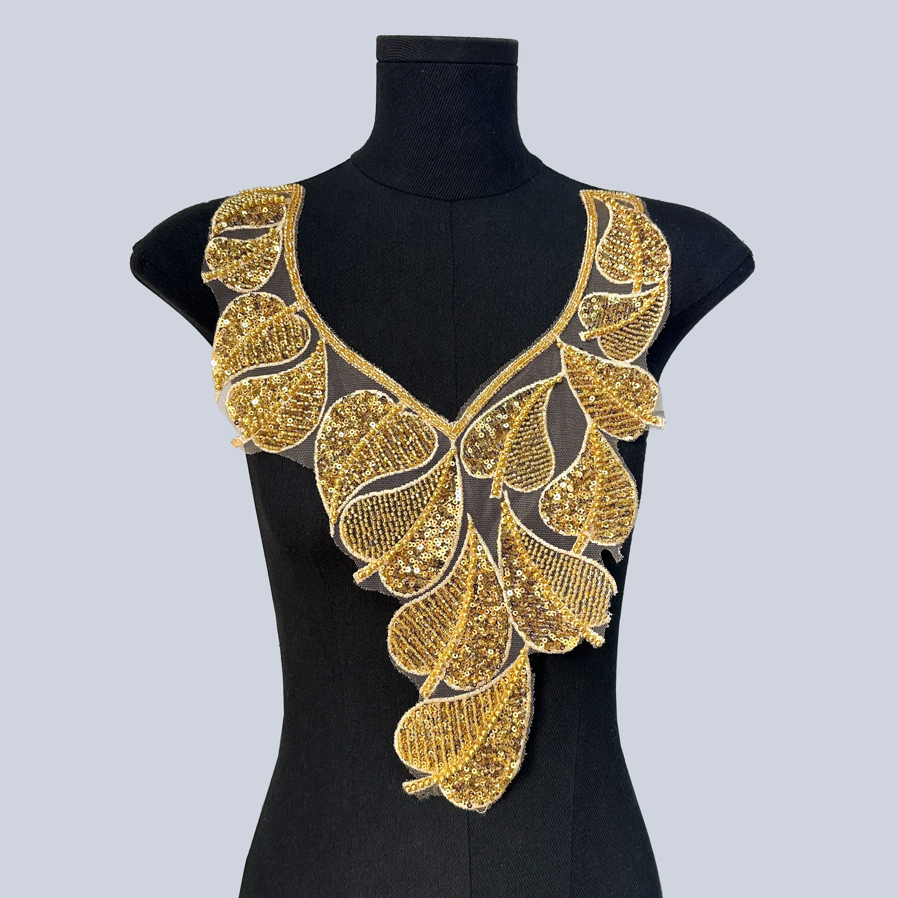 Gold Lace Sequin Decoration Bead Embroidery Collar Bodice Applique for DIY Sewing, Dance Clothes Formal Dresses