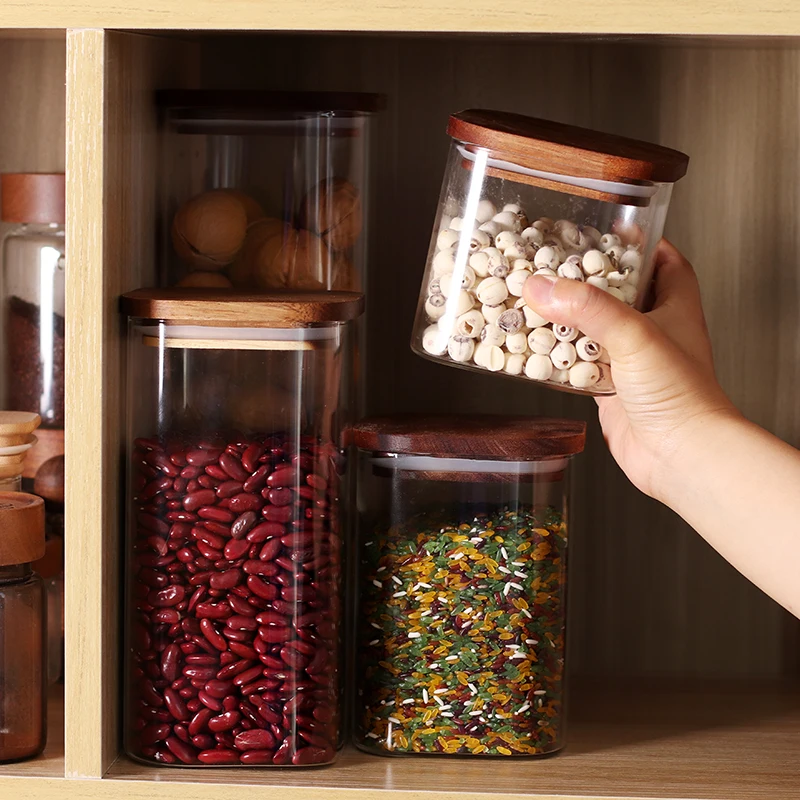 Glass Storage Canister with Acacia Wooden Lid Square Glass Jars , Glass Food Storage Containers for Pasta Coffee Rice