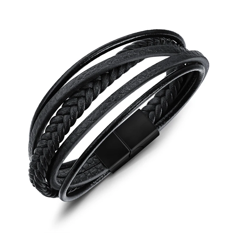 
Simple Multilayer Stainless Steel magnetic Clasp fashion Mens Jewelry leather bracelet 