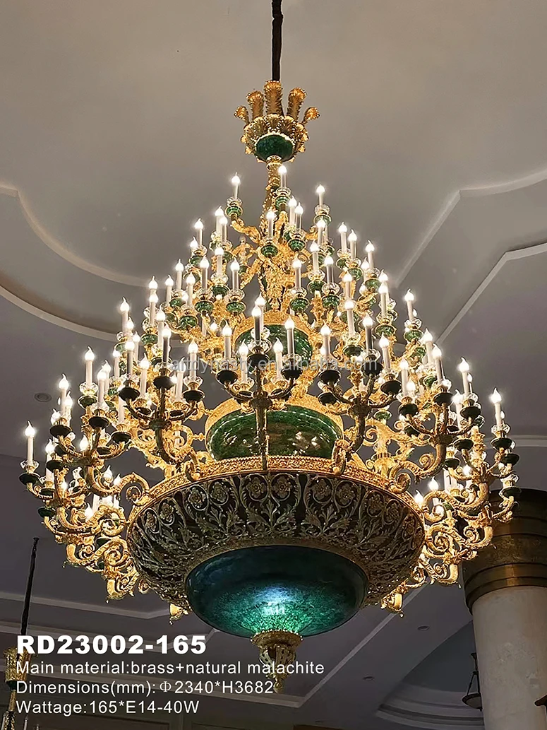 Hotel Lobby Luxurious Large Malachite Pendant Lamp Chandelier 165 Lights Energy Saving for Villa Classical Carved Gilded Brass