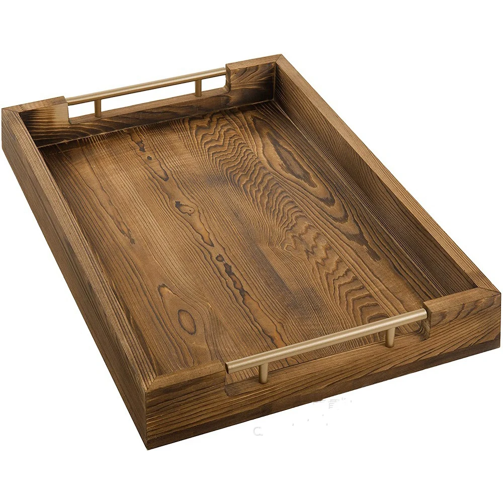 High Quality Rustic Tray Wooden  Serving Tray With Modern  Metal Handles