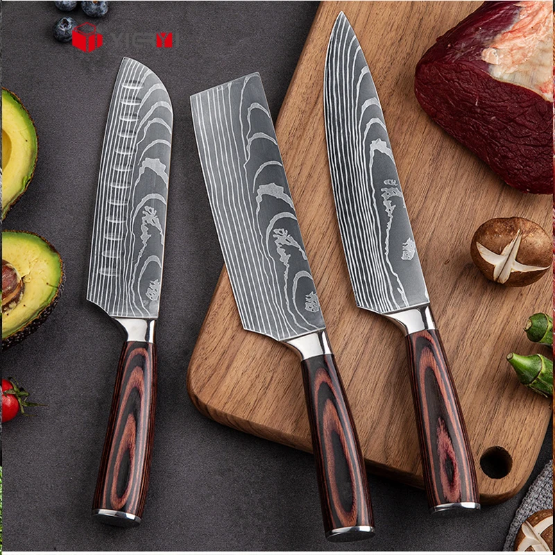 Wholesale price 9pcs sharp wooden stainless steel santoku chef modern knives kitchen knife set with gift box