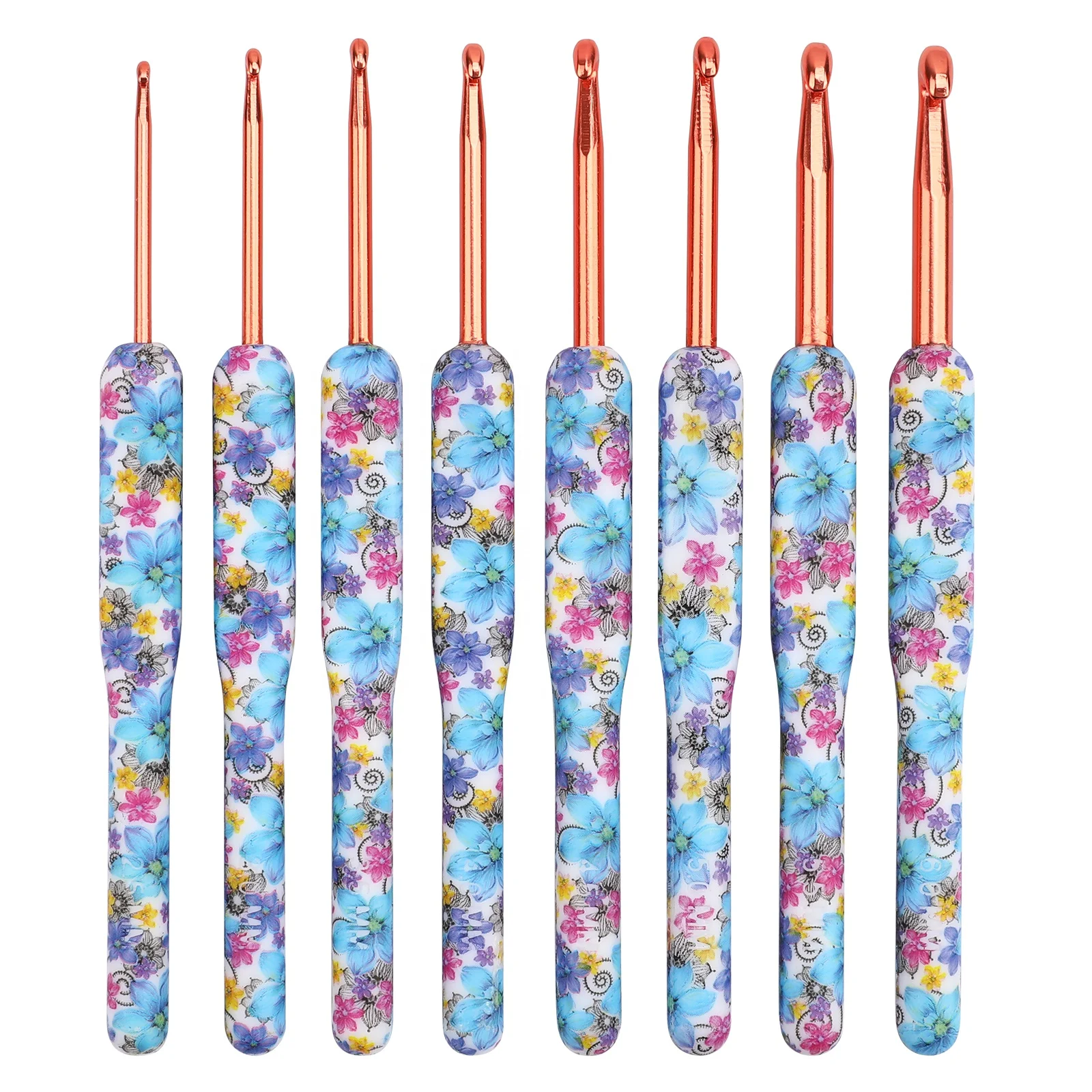 New  Blue Color Flower 2.5-6.0 MM 8 PCS Aluminum Ergonomic Soft Handle Crochet Hooks Knitting Needles Set