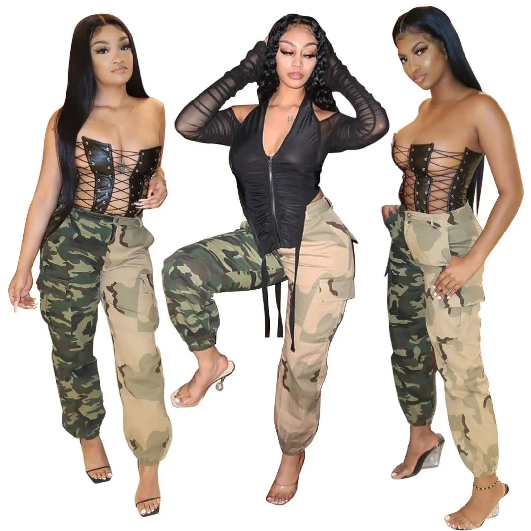 
M6376 New arrivals 2021 casual ladies trouser camouflage printed track jogger women cargo pants 