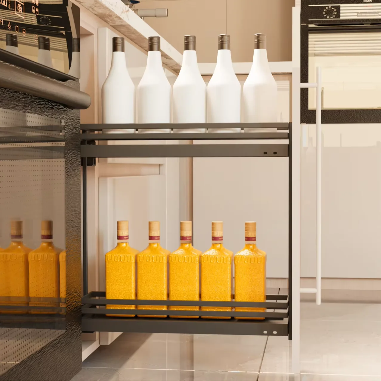 Series Cabinet Two Tiers Side Mountead Oval  Pull-Out Basket In Kitchen Cabinet Wire Wine Rack