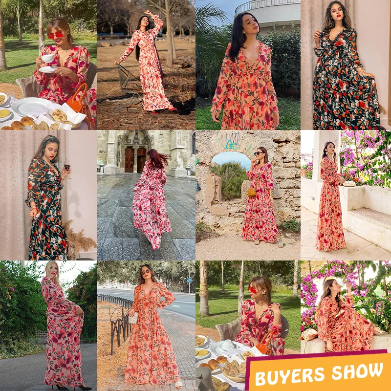 Summer Bohemian Lady Stylish Maxi Long Sleeve Maxi Dress Wild Lotus Ruffle Tiered Floral Womens Dresses for Ladies