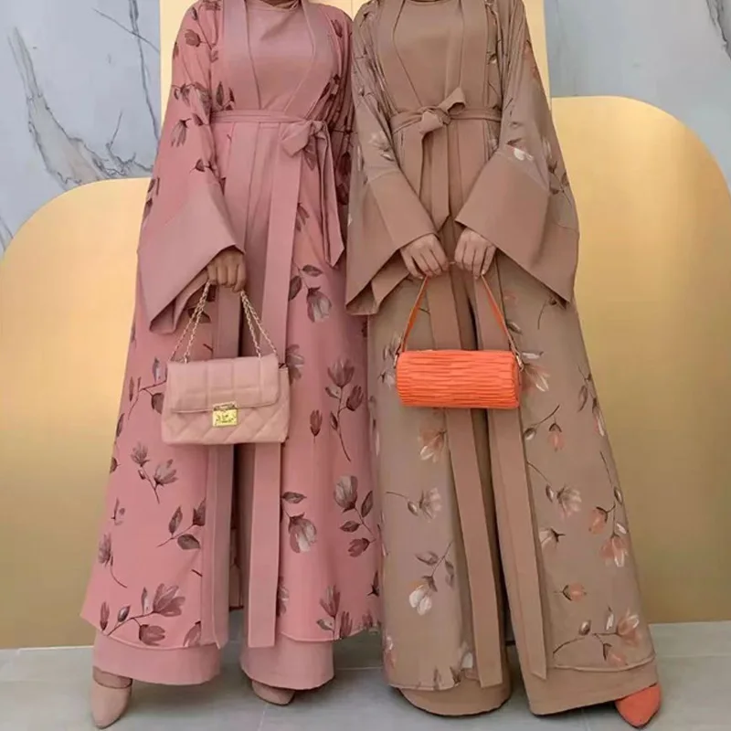 Wholesale Printed Abaya Arabic Floral Kimono Cardigan And Sleeveless Inner Slip Modest Women Muslim Dress Open Abaya Set