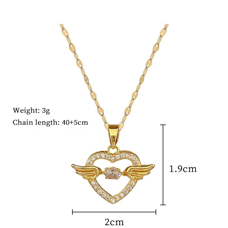 In Stock Valentines Day Angel Wings Necklace Gold Plated Stainless Steel Dangle Zircon Heart Necklace
