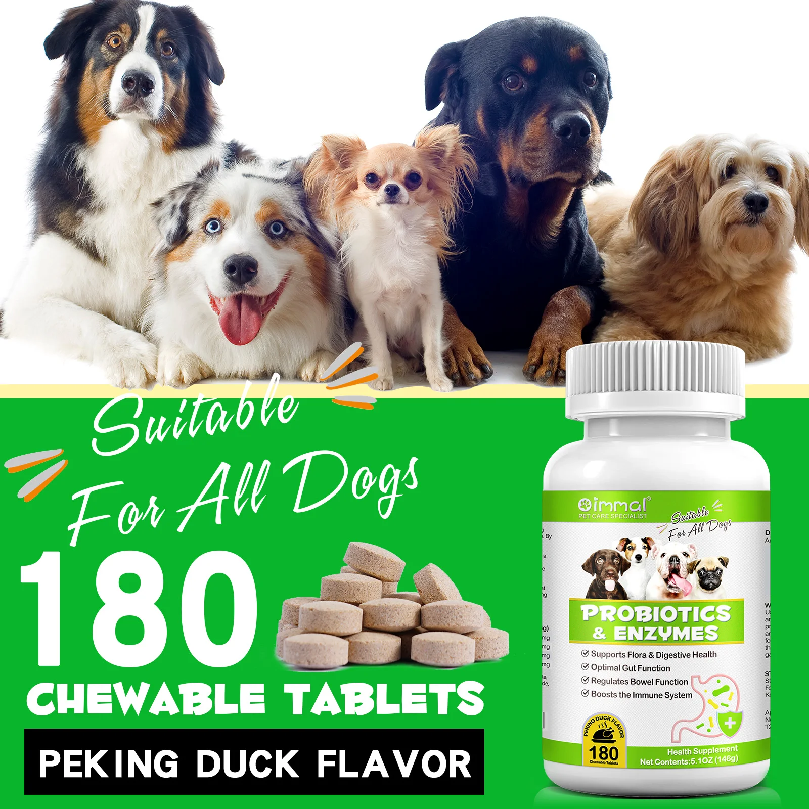 Custom Logo Pet Care Bulk 180 Chewable Native Probiotics Tablets with Enzymes for Dogs Digestive Gut Health