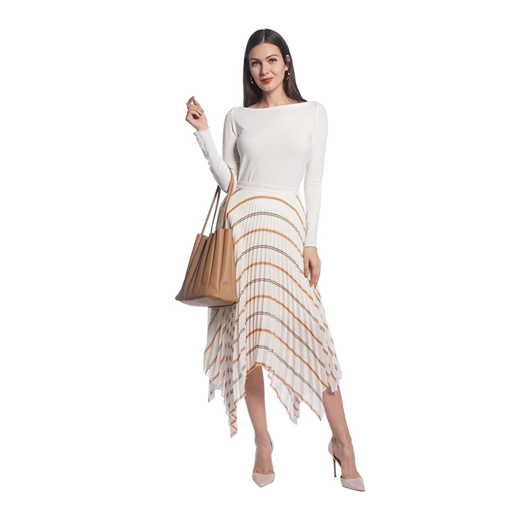 
Stripe print chiffon irregular hemline all over pleat pleat structure creats wave effect women fashion classy skirts summer set 