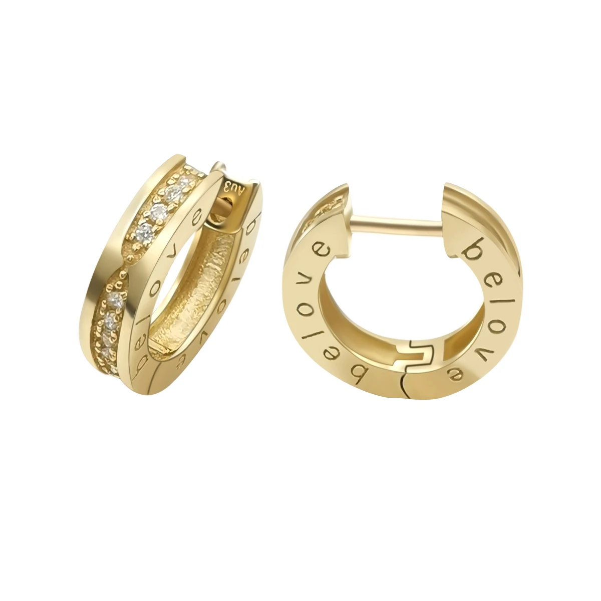 9K Real Gold 12mm Huggie Round Hoop Cuff Earrings with CZ Engraving Letters Belove 9k Solid Gold Earrings CZ Gift Women Jewelry