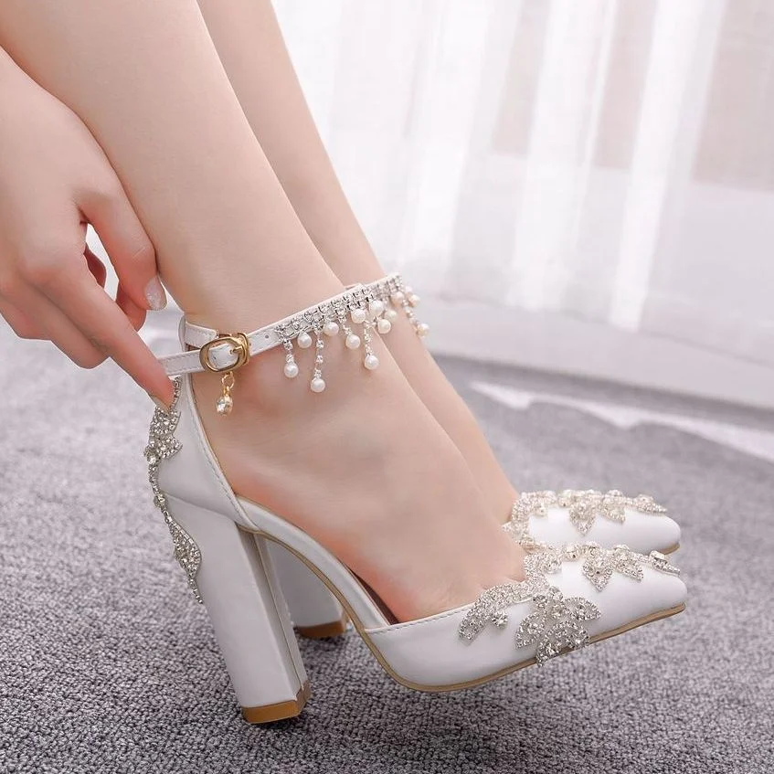 Fancy Ladies Wedding Strap Heels Shoes High 7 10CM Crystal Embellishment Big Size Bridal White Heels